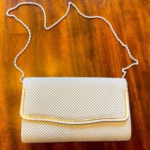 White mesh rhinestone gold accents chain link strap evening purse clutch